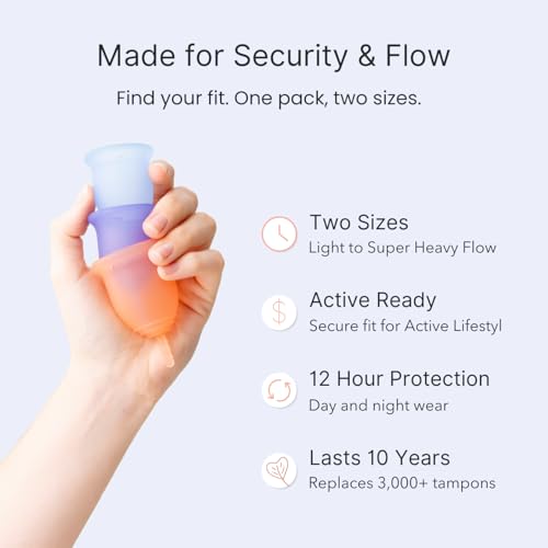 Image of Lena Menstrual Cups Original 2-Pack Set (Small & Large) Soft Medical-Grade Silicone Period Cups for Women Heavy Flow, Reusable 12-Hour Leak-Free Comfort, Feminine Care, Purple and Turquoise