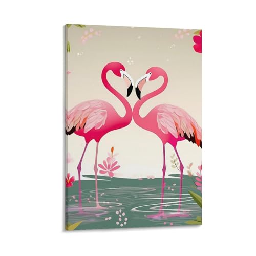 Toile flamants roses et fleurs sous cadre 50x75 cm pour décoration murale