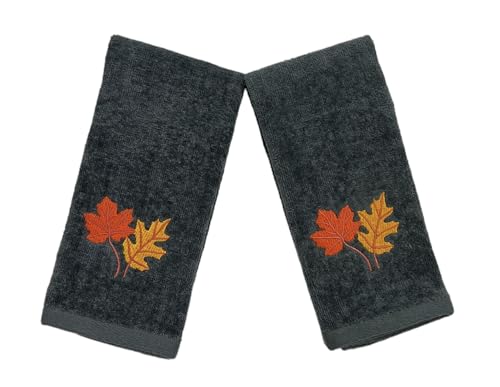Serafina Home Harvest Fall Tip Towels: Plush Dark Grey Gray Cotton Towels With Autumn Leaf Design Set Of 2 thumb #3