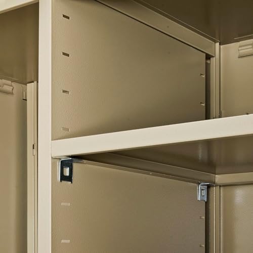 Global Industrial Janitorial Cabinet with Locking Recessed Handle, 4 Compartments, Steel Construction, 36" W x 18" D x 72" H, Tan Powder Coat Finish, Ships Assembled