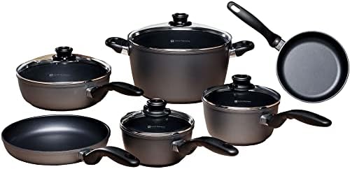 Swiss Diamond 10 Piece Kitchen Cookware Set - HD Nonstick Diamond Coated Aluminum Cooking Pots and Pans, Includes Lids Dishwasher Safe and Oven Safe Fry Pan, Grey