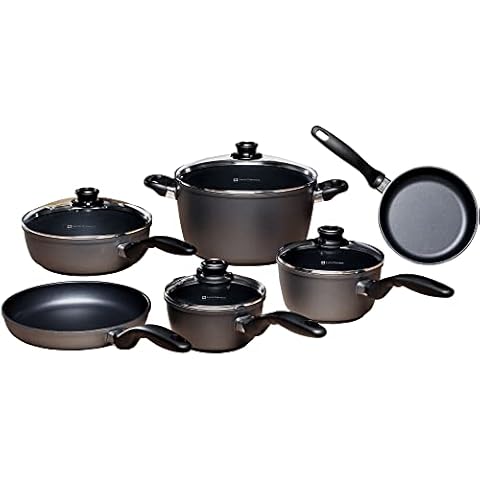 Swiss Diamond 10 Piece Nonstick Cookware Set - Diamond Enforced Aluminum Non Stick Pots and Pan Set, Dishwasher Safe and Oven Safe Pans Set, Grey Cover