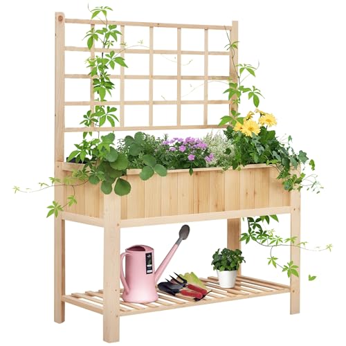 Outsunny 47'' Wooden Raised Garden Bed with Trellis,...