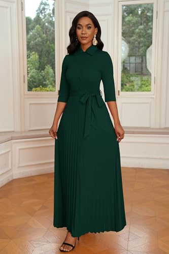 Image of Runwind Maxi Dresses for Women, 3 /4 Sleeve Botton Down Pleated Long Dress with Belt Casual Church Dress with Pockets