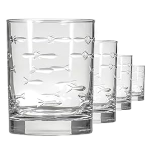 Rolf Glass School of Fish 13oz Double Old Fashioned Glass | Whiskey Glass Set of 4 | Lead-Free Glass | Engraved Tumbler Glasses | Designed and Engraved in the US