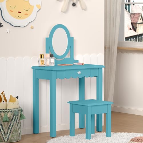 Image of HLR Little Girls Vanity Set with Mirror and Stool,Wooden 2 in 1 Princess Makeup Desk Dressing Table with Detachable Top,Toddler Vanity Dresser Set with Drawer,Blue