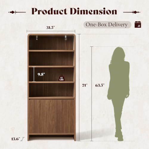 Image of AMERLIFE 71 inch Modern Bookcase Set of 2 with Storage Cabinets, 6-Tier Wood Bookshelf with Doors & Adjustable Shelves, Curved Design Display Cabinet for Living Room, Bedroom, or Home Office, Brown