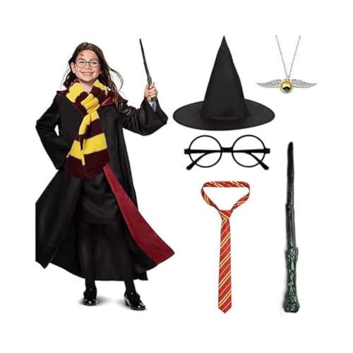 زي تنكري بتصميم هاري بوتر، مكون من 6 قطع، رداء مدرسة ساحر، عصا، ربطة عنق، وشاح، نظارات وقلائد، مجموعة هدية للأولاد والبنات، رداء مدرسة هوجورتس (125)، أسود، البوليستر بلاستيك