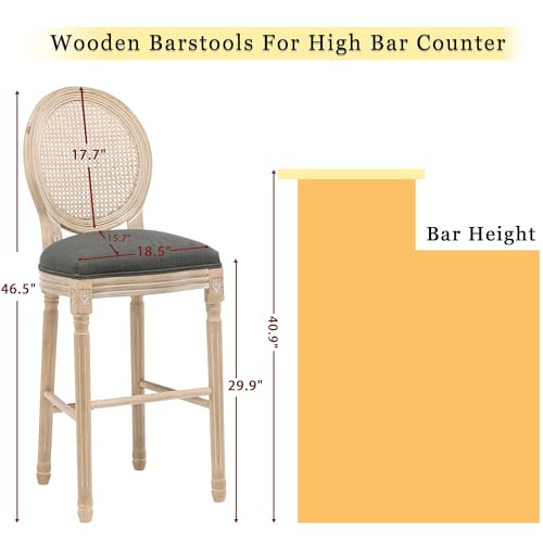 Solid-Wood-Bar-stools-Set-of-2-Classic-French-Country-Wooden-Barstools-with-Upholstered-Seating-30-Kitchen-Bar-Stool-for-High-Bar-Counter-Dark-Grey-Rattan-Back Solid Wood Bar stools Set of 2 Classic French Country Wooden Barstools with Upholstered Seating 30 Kitchen Bar Stool for High Bar Counter Dark Grey Rattan Back