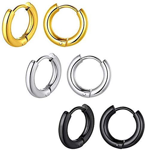 Mens & Women Fashion Jewellery Valentine Black Golden Silver Surgical Plug Combo Hoop Ear piercing Studs Bali stainless Steel Jewelry (Pack of 3 Pairs)-image-10