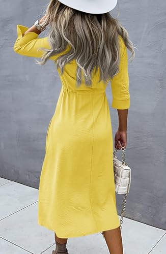 Image of Febriajuce Women's 3 /4 Sleeve Midi Dress Casual Drawstring Belted Round Neck Plain Tie Waist Loose High Waist Long Dress