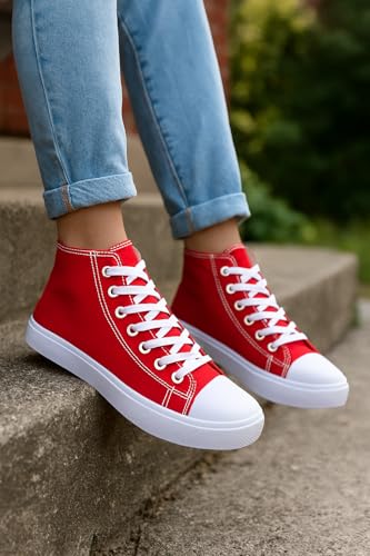 Image of Women's High-Top Canvas Sneakers - Classic Lace-Up Casual Shoes with Extra Shoelaces - Comfortable, Stylish, and Durable