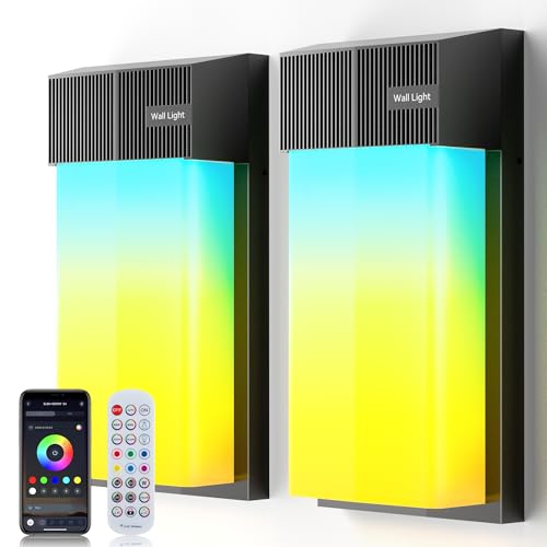 OIYN Smart Outdoor Wall Light, RGBWW LED Porch Light with 30 Scene Modes, 1500LM, IP65 Waterproof, DIY Color-Changing Wall Lamp for Garden, Patio, Christmas and Holiday Decorations – 2 Pack