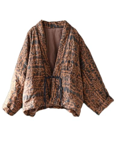 Women's Floral Short Quilted Lightweight Jacket Open Front V-Neck Shawl Collar Drop Shoulder Vintage Coat