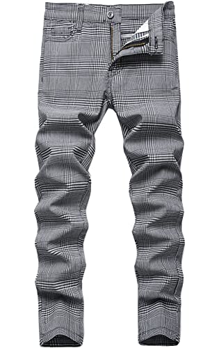 Boy's Grey Plaid Dress Pants School Uniform Chino High Elasticity Skinny Fit Stretch Fashion Comfy Pants,7704,16 #TOP28