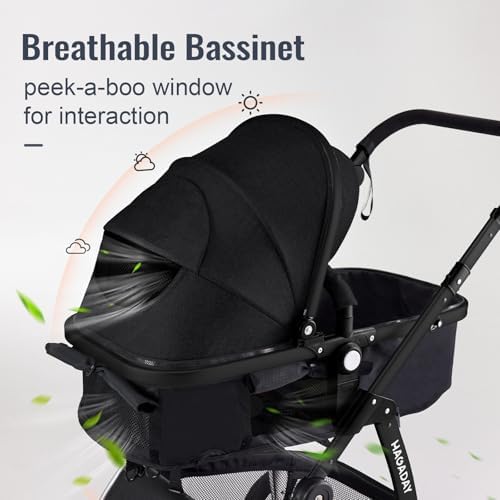 Baby Stroller, 2-in-1 Reversible Toddler Seat with Lie-Flat Mode, Foldable Infant Stroller with Canopy, One Button Brake, Adjustable Handle, Newborn Pushchair (Black B) - 2