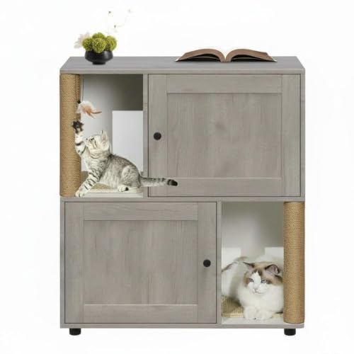 GarveeLife Cat Litter Box Enclosure for 2 Cats, Double Room Litterbox Enclosure, Hidden Enclosed Cat Litter Box Furniture with Scratch Posts and Doubl