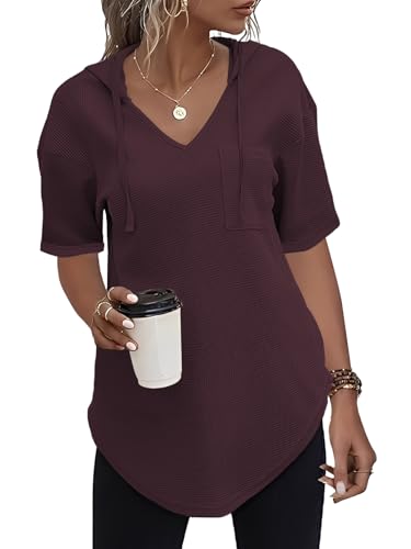 Cuptacc Tshirt Damen Kurzarm Kapuzenpullover V Ausschnitt Hoodie Oberteile Basic Top Locker Traubenlila 2XL 50