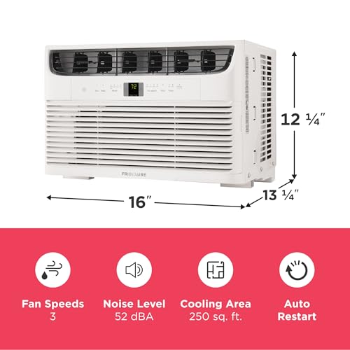 Frigidaire 6,000 BTU Window Air Conditioner with Remote Control, Cools Up to 250 Sq. Ft., Quiet Operation, Eco Mode, 3 Fan Speeds, Auto Restart, White