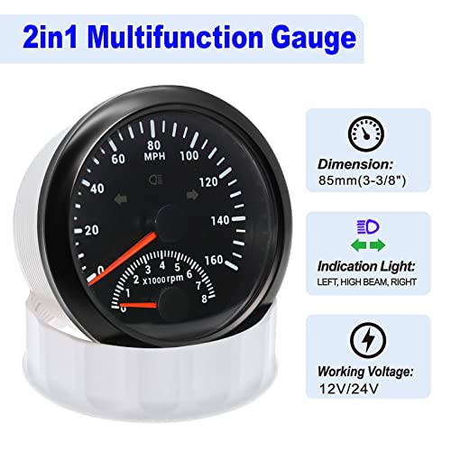 Image of ARTILAURA GPS Speedometer 0-160MPH with Tach 8000 RPM Marine Boat GPS Speedometer Tachometer 85mm 3 3 /8 inch AUTO Gauge (All Black)