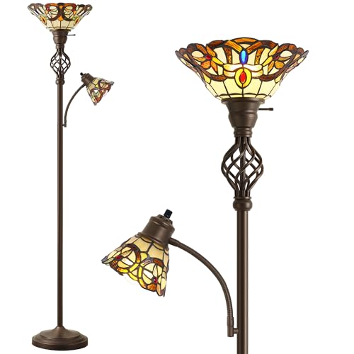 GyroVu Tiffany Floor Lamp, Torchiere Floor Lamps with Stained Glass Shade, 70" Tall Standing Lamp with Adjustable Gooseneck Reading Lamp for Living Room Bedroom Office, Bulbs Included