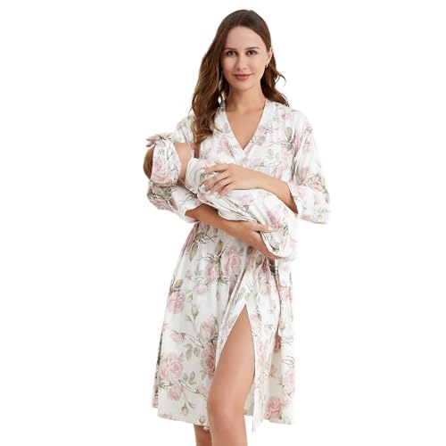Image of Galabloomer Maternity Robe and Baby Receiving Blanket, Matching Mommy Labor Delivery Robe and Swaddle Set Floral