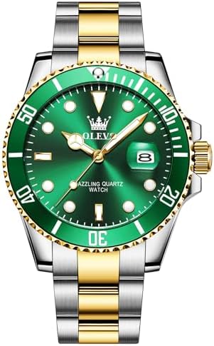 OLEVS Men's Watch, Big Face Gold Silver Tone Stainless Steel Analog Quartz Watch with Date, Luxury Fashion Rotatable Bezel Waterproof Luminous Dress Watch for Men (Blue/Black/Green Dial)