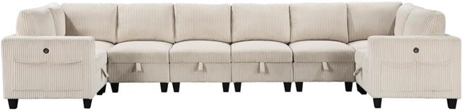 Pemberly Row Corduroy 8-Piece U-Shape Modular Sectional, Beige Upholstery, USB Ports, Pull-Out Storage, Hidden Drawers, Reversible Cushions, Solid Wood Frame, Spacious Living Room Seating