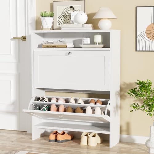 VOWNER Szafka na buty z 2 klapkami, regał na buty, uchylny wąski, z 4 półkami, biała, regulowana, z zabezpieczeniem przed przechyleniem do przedpokoju, 80 x 24 x 108 cm