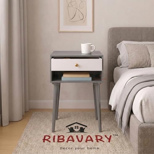 Image of Modern Bedside Table Nightstand with Solid Wood Legs, Practical End Side Table with Drawer Storage for Small Spaces Wooden Bedside Table, Coffee Table, Living Room /Bedroom (Grey-White)