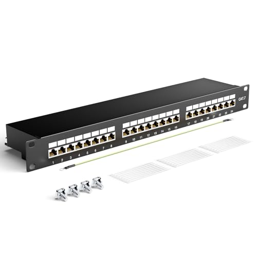 LEENUE Geschirmtes 24 Port CAT7 Patchpanel Verteilerfeld 10 Gbit/s Vergoldete Patchpanel 19 Zoll für Cat7/6A/6 Verlegekabel Metallgehäuse mit Erdung für Wandmontage und Heimvernetzung