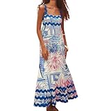 IDOPIP Women 2024 Summer Casual Dress Boho Floral Print Maxi Dress Beach Spaghetti Straps Sleeveless Sundress Ruffle Travel Dress Elegant Weeding Guest Empire Waist Long Dress Fireworks Print M