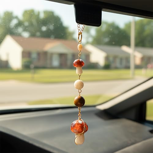 Mushroom Car Accessories for Women Cute Mushroom Hanging Ornament Boho Rear View Mirror Accessories Interior Car Decor Bag Charms Gifts for Women Girls (White)
