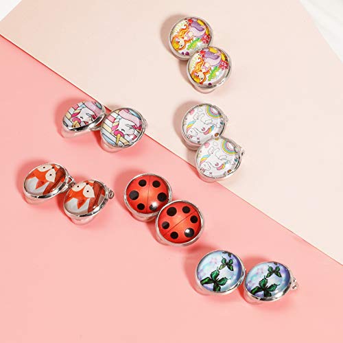 Hifot 6 Paare Clip Ohrringe mädchen, Süße Ohrclips Einhorn Marienkäfer Fuchs Schmetterling Meerjungfrau Ohrringe Set Runde Glas schmuck kinderohrringe Geschenk Partyzubehör
