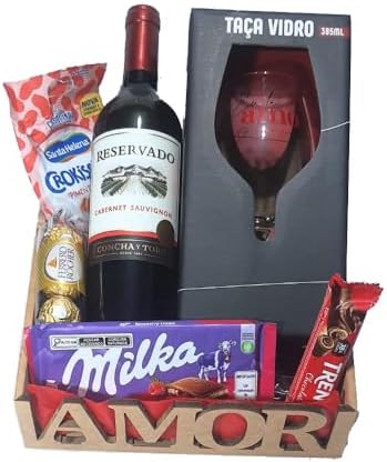 Cesta Presente Namorados Amor Vinho, Taça, Milka, Ferrero