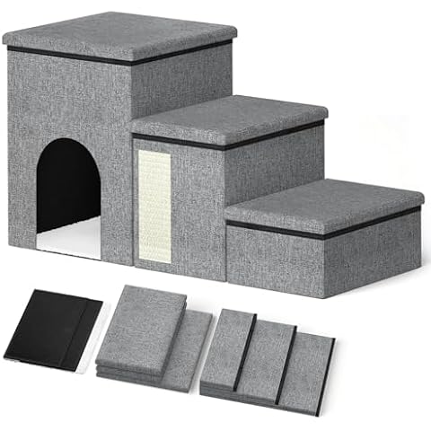 Forlogic Dog Stairs for Small Dogs Medium Dogs Pet Stairs for High Beds and Sofas, Folding 3-Step Pet Steps, Adjustable Non-Slip Dog Ramp with Storage Condo and Cat Scratcher Cover