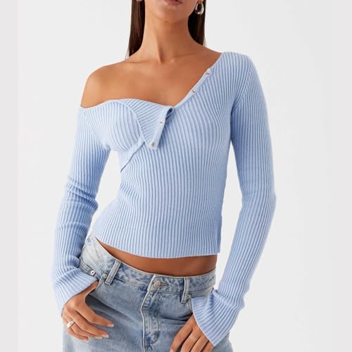 Image of Women Off Shoulder Long Sleeve Sweater Y2K Ribbed Knit Pullover Solid Crop Top Going Out Boat Neck Blouse