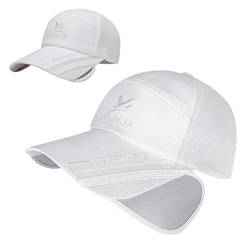 Womens Mens Quick Drying Mesh Baseball Cap Breathable Sun Protection Hat Adjustable Tennis Golf Fishing Cap (Retractable Brim, White) - Thumbnail 3