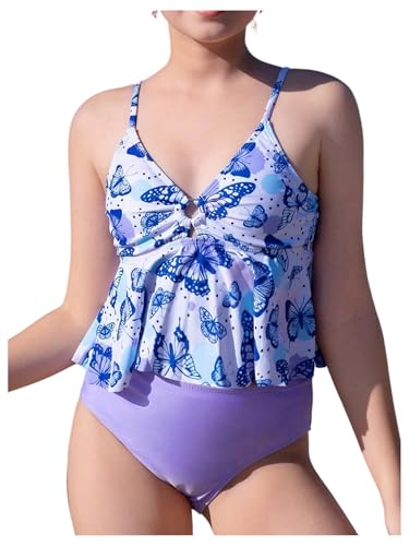 Floerns Girl's 2 Piece Tankini Swimsuit Ring Linked Butterfly Ruffle Hem Bathing Suit