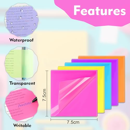 Image of GLUN Transparent Neon Sticky Notes 3x3 Inch, 250 Sheets, Self-Adhesive Clear Color Memo Pads, Waterproof See-Through Notes for Office, School & Study