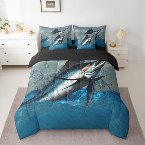 Erosebridal Teal Ocean King Comforter Set 7 Piece,Marlin Swordfish Bed in A Bag with Sheet Set for Kids Adults Nautical Fishing Theme Bedding Set Coastal Underwater Animal Bed Set