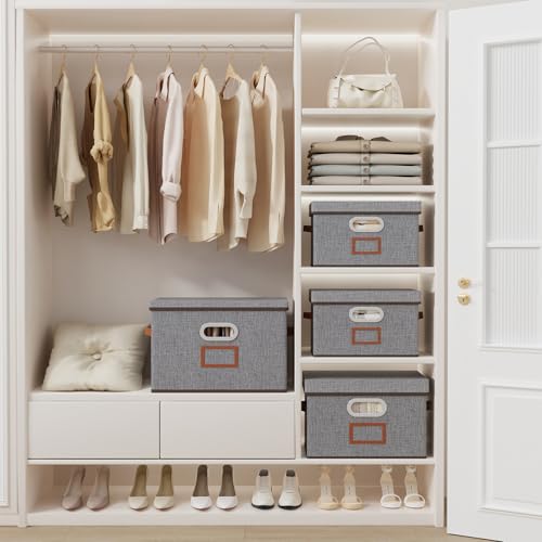 OUTBROS Cajas de Almacenamiento con tapas, Cestas de Almacenaje para estantes, Plegables Contenedores de tela para el hogar y la oficina, 33 x 23 x 20 cm, Gris, paquete de 1 - imagen 3