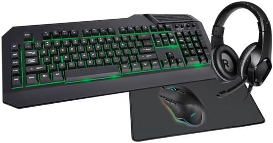 Onn. Gaming Keyboard, Mouse, Headset, and Mouse Pad with green LED lighting