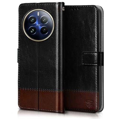 Image of Flipped Vegan Leather Flip Case Back Cover for Realme 12 Pro 5G | Realme 12 Pro Plus 5G (Flexible, Shock Proof | Hand Stitched Leather Finish | Card Pockets Wallet & Stand | Black with Brown)