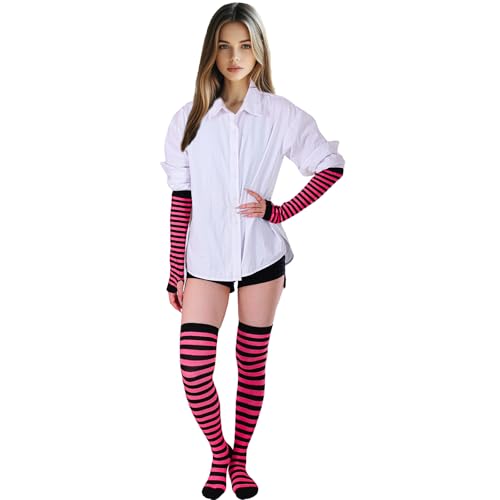 Image of Tongcloud Women's Striped Knee High Socks, Over Knee Thigh High Socks, Arm Warmer and Fingerless Gloves Set