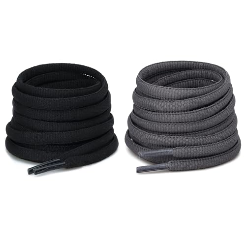 CCSOFTIME 2 Pairs Oval Grey Laces for Trainers,6mm Black Basketball Shoelaces for Sports,Running,Half Round Replacement Laces for Women Men Kids(Grey Black-120cm)