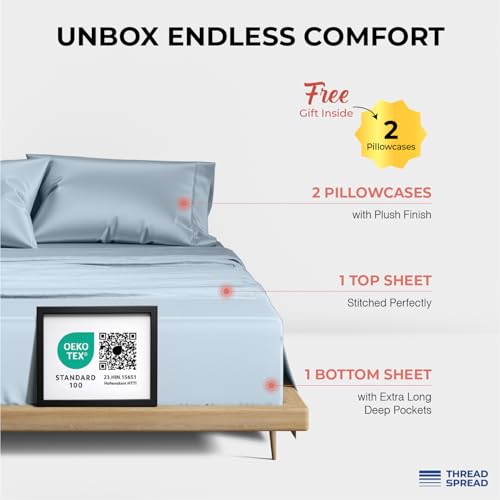 Image of THREAD SPREAD 100% Egyptian Cotton Sheets California King Size - 1200 Series Plush Collection Cal King Size Sheets Set, 4 PC Luxury Bedsheet (Light Blue), Soft, Cooling, 17 inch Deep Pocket Bedsheet Set