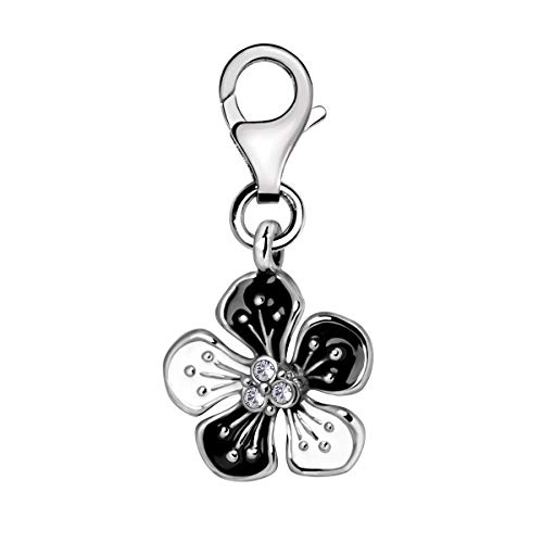 Quiges - Quiges Charm Pendentif Breloque avec Fermoir Femme Plaqué Argent Fleur en Émail Noir et Blanc avec Zircone
