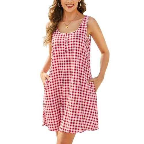Marvmys Women Cotton Sleeveless Tank Nightgowns Summer Henley Lettuce Hem Nightshirts Sleepwear with Pocket S-2XL Small Red Plaid