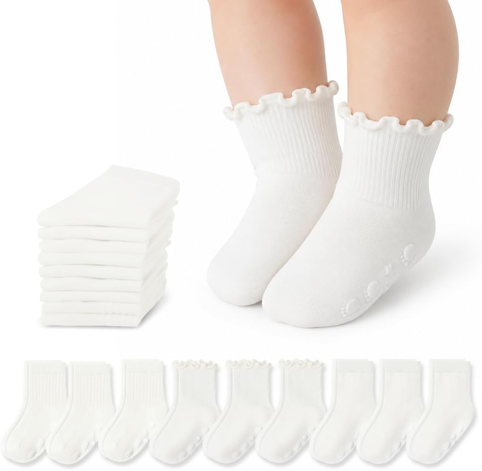 9 Pairs Baby Toddler Socks Crew Sock Ruffle Dress Non Slip Grip Cute Cotton for Infant Newborn Boys Girls White